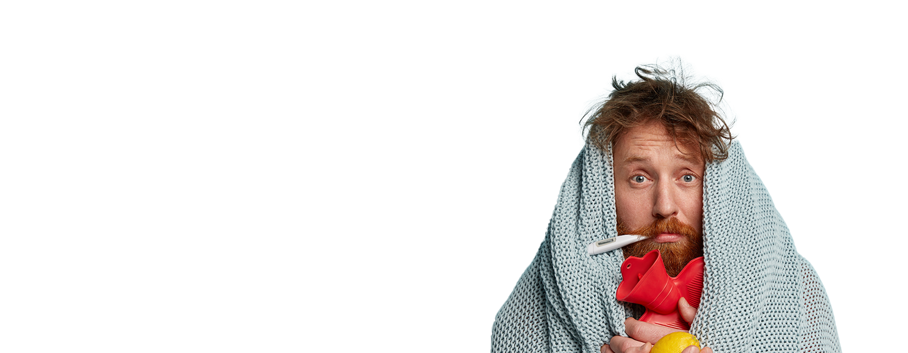 An image of a man, covered in a blanket, with a thermometer in his mouth. The caption reads: 'Days off are for fun, not the flu. Flu vaccines are now available.'
